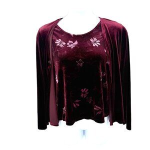 BURGUNDY VELVET FLORAL PRINT TANK CARDI COMBO TOP Y2K - L (12/14)